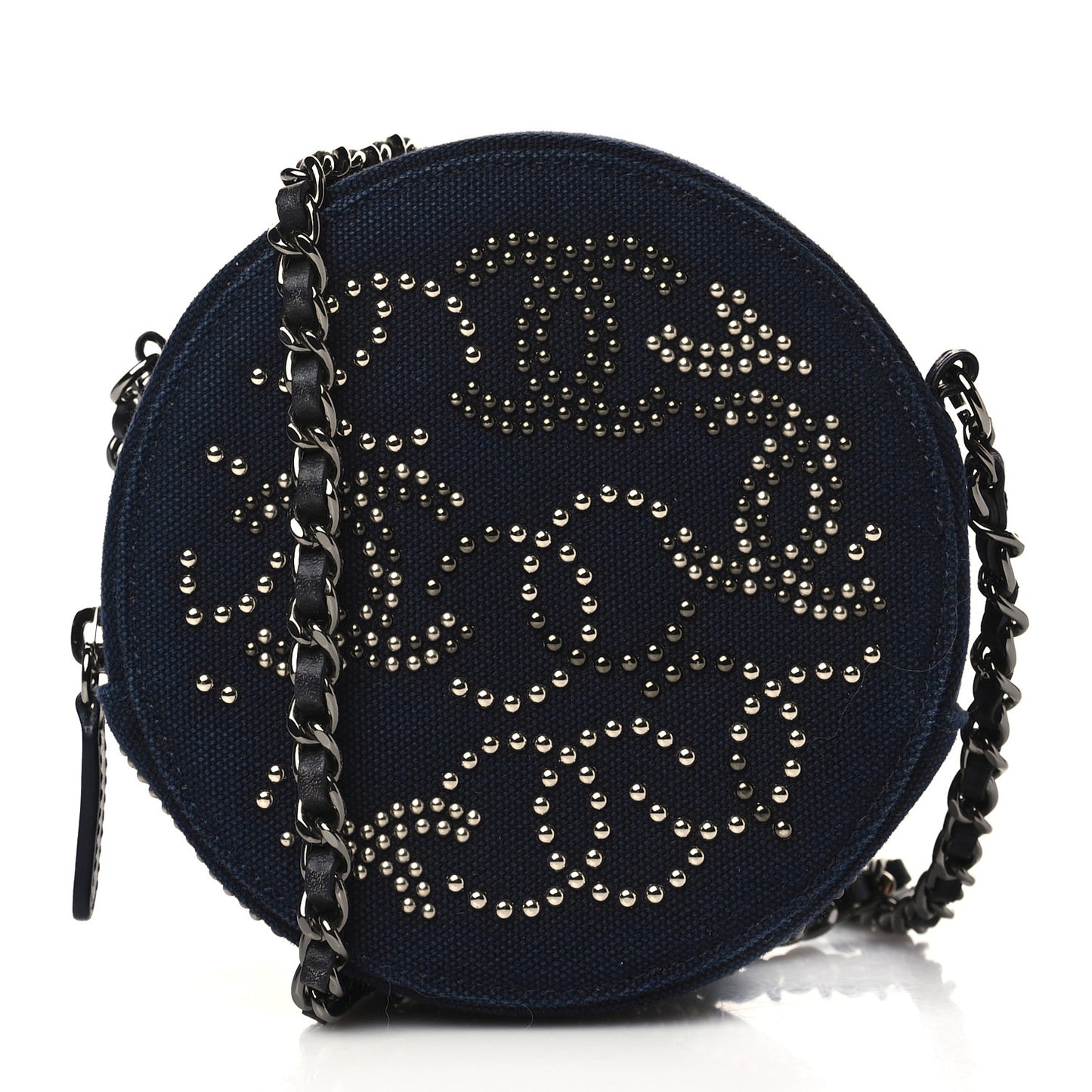 Canvas CC Studded Round Clutch With Chain Navy