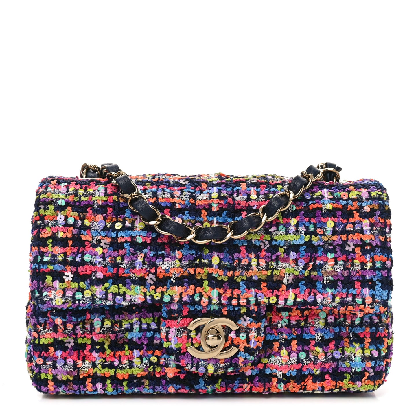 Tweed Quilted Mini Rectangular Flap Navy Blue Multicolor