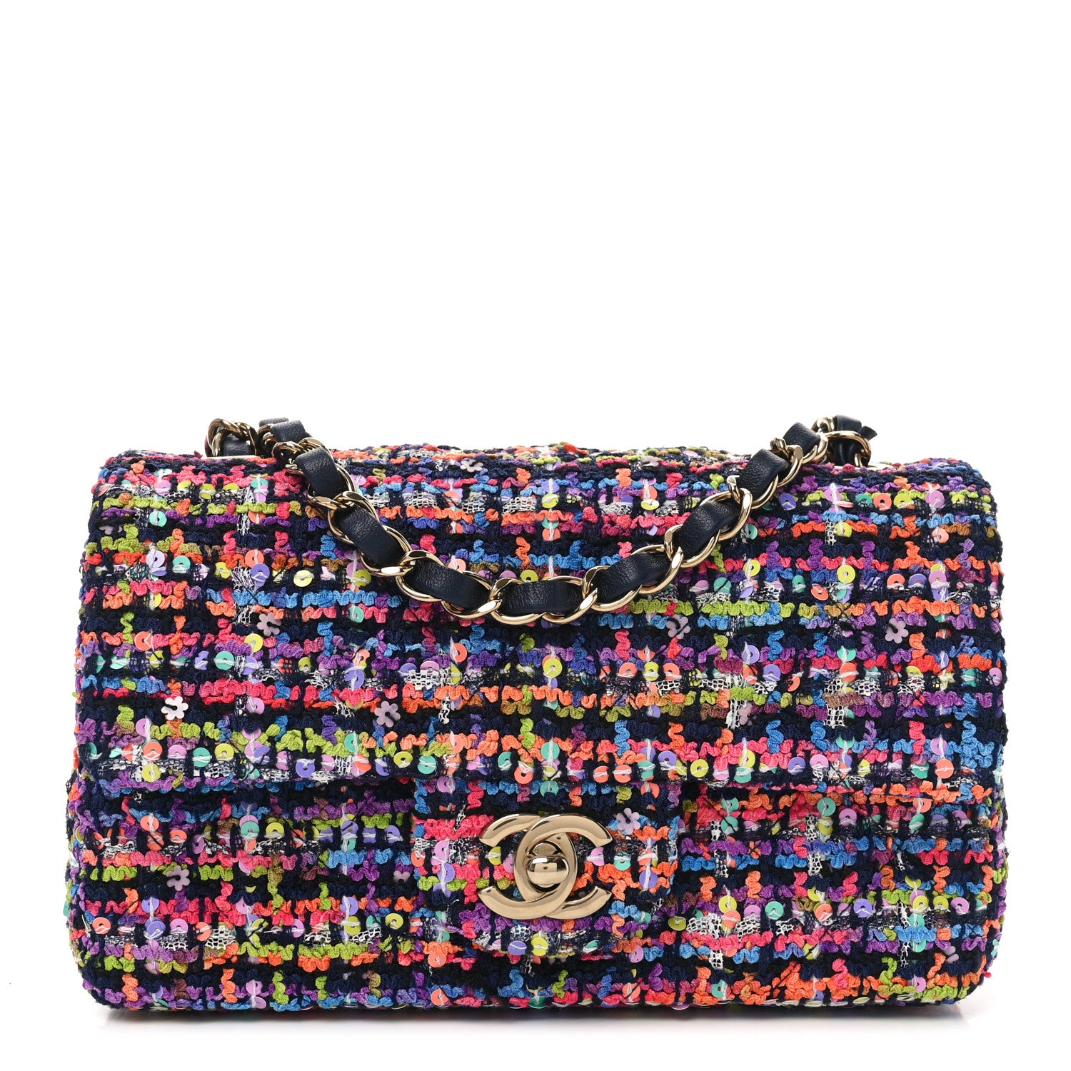 Chanel Tweed Quilted Mini Rectangular Flap Navy Blue Multicolor 1 of 10