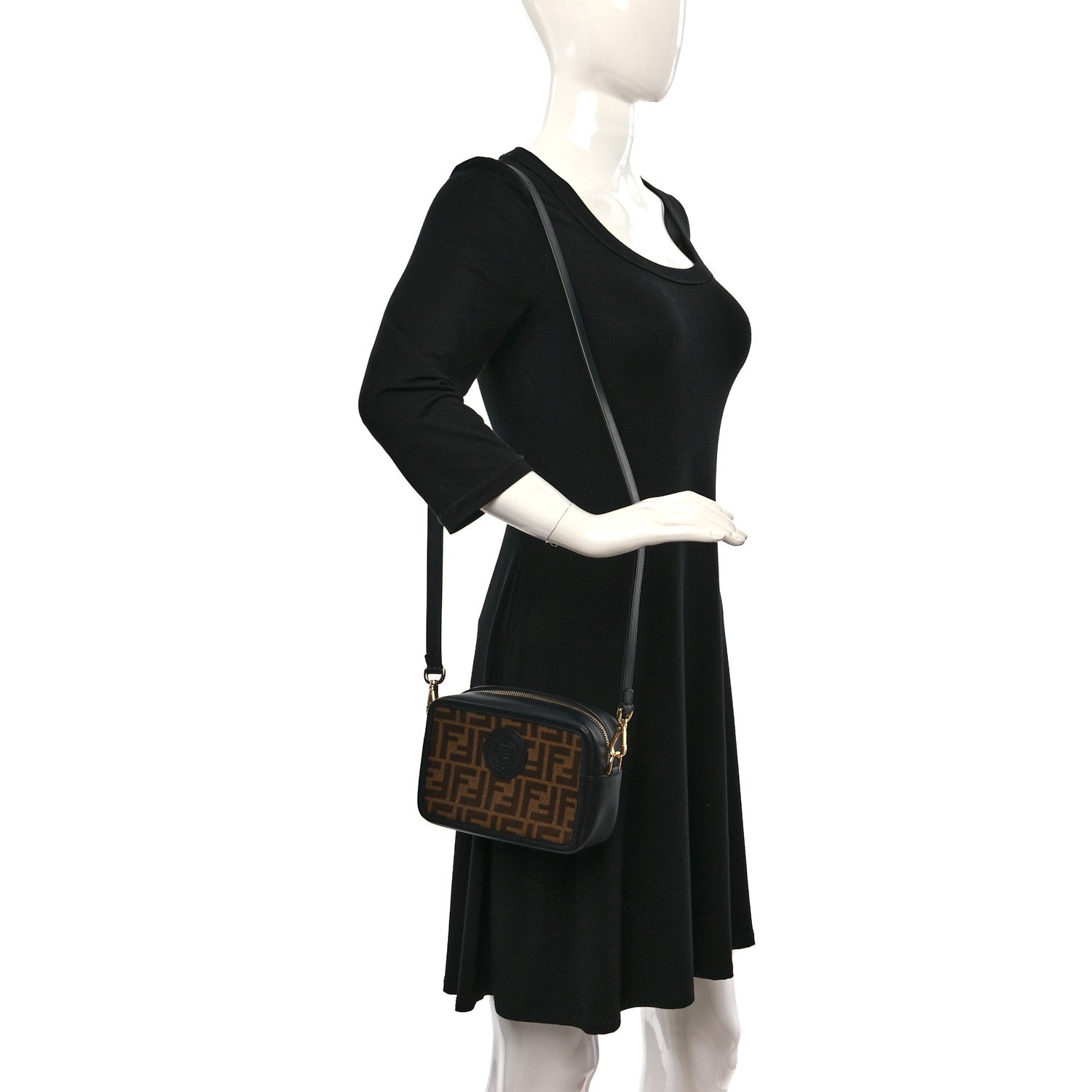 Fendi Glazed Fabric Vitello Century FF 1974 Stamp Patch Mini Camera Case Mogano Panna Black 2 of 8