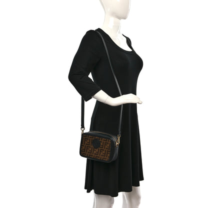 Fendi Glazed Fabric Vitello Century FF 1974 Stamp Patch Mini Camera Case Mogano Panna Black 2 of 8
