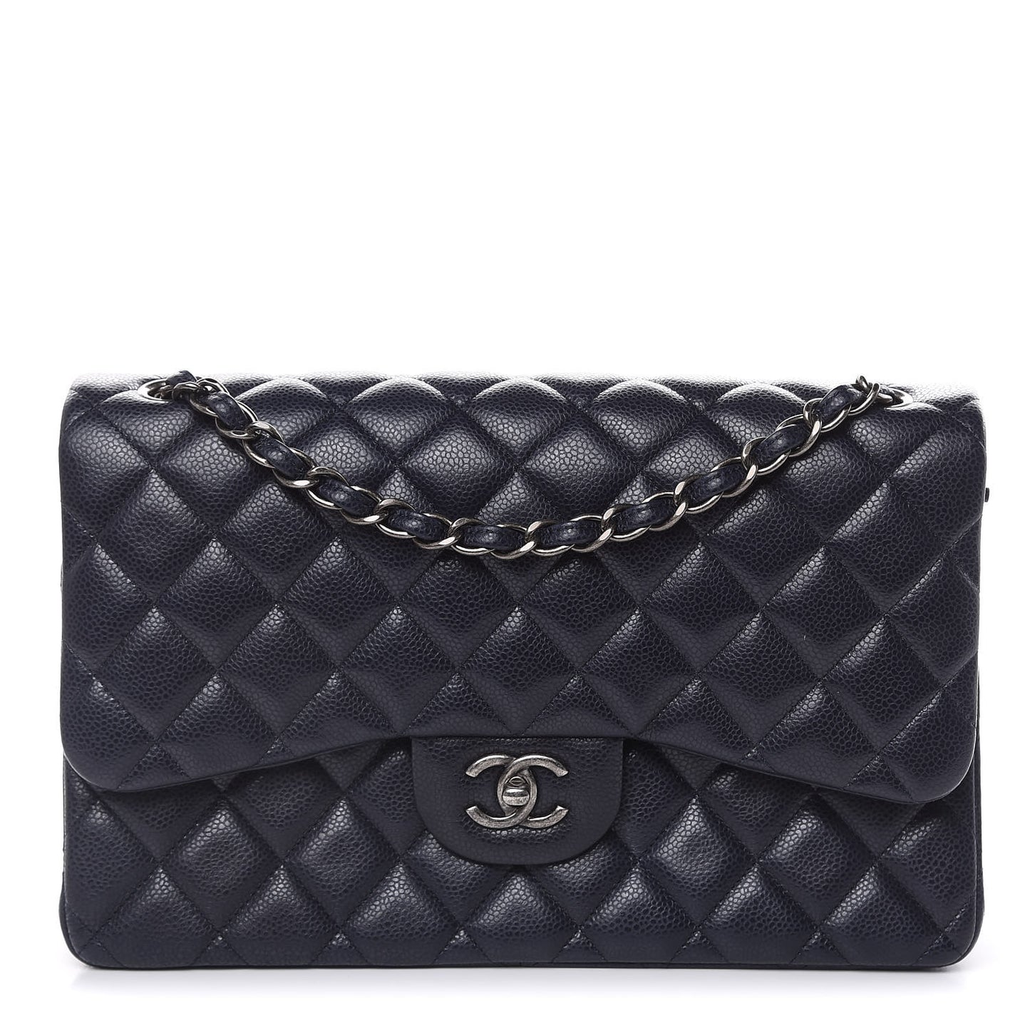Caviar Quilted Jumbo Double Flap Navy Blue