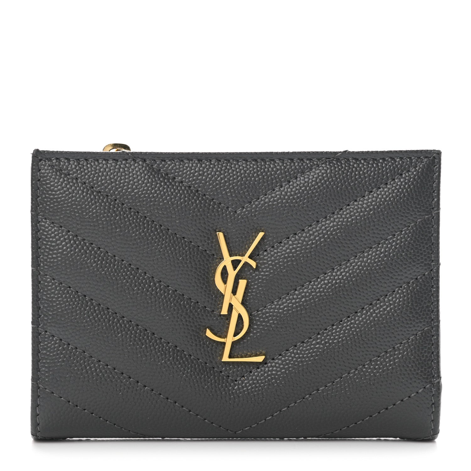 Saint Laurent Grain De Poudre Matelasse Chevron Monogram Zipped Two-Part Wallet Storm 1 of 8