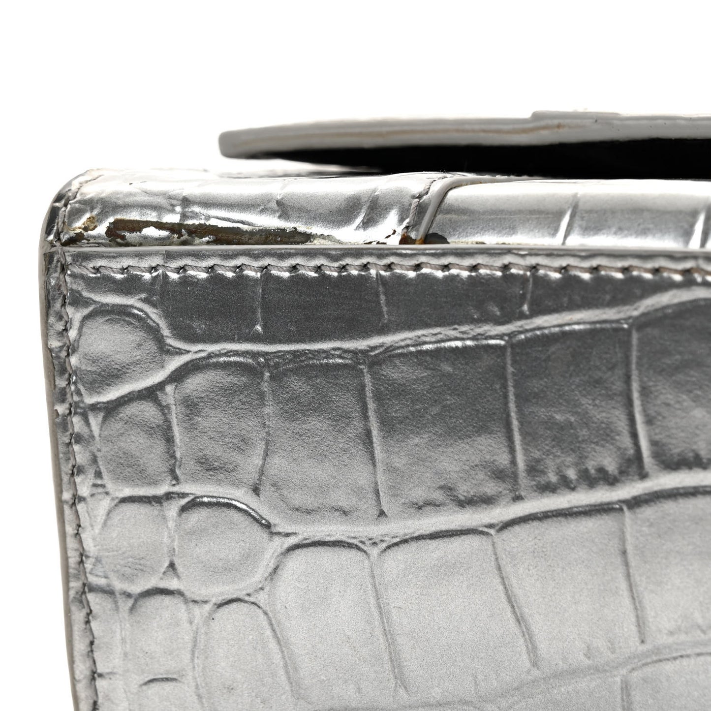Metallic Calfskin Crocodile Embossed Hourglass Top Handle Bag XS Silver