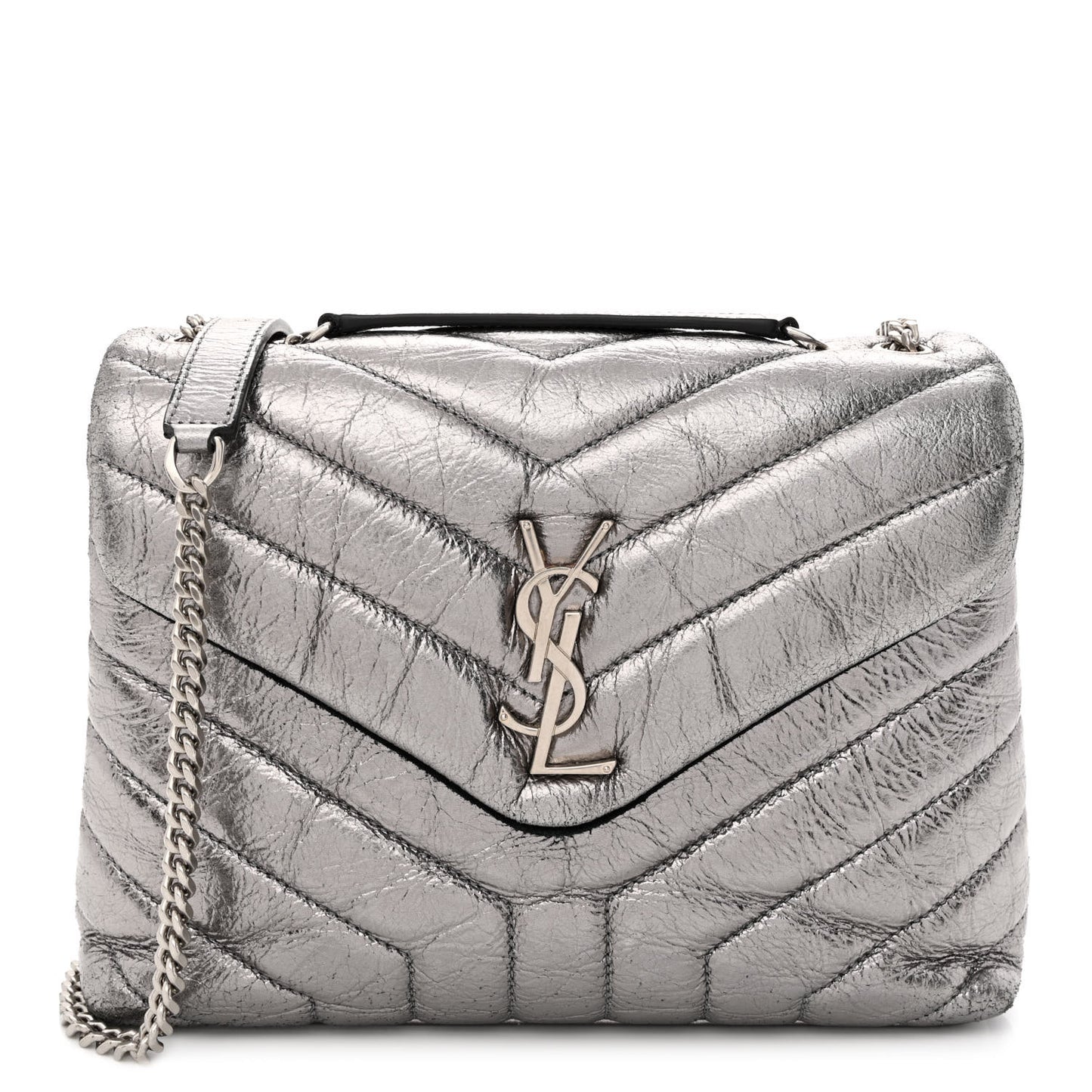 Metallic Calfskin Y Quilted Monogram Small Loulou Chain Satchel Acciaio