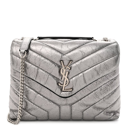 Saint Laurent Metallic Calfskin Y Quilted Monogram Small Loulou Chain Satchel Acciaio 1 of 13