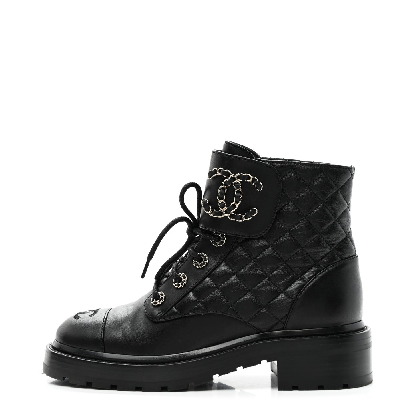 Shiny Goatskin Calfskin Quilted Lace Up Combat Boots 37.5 Black