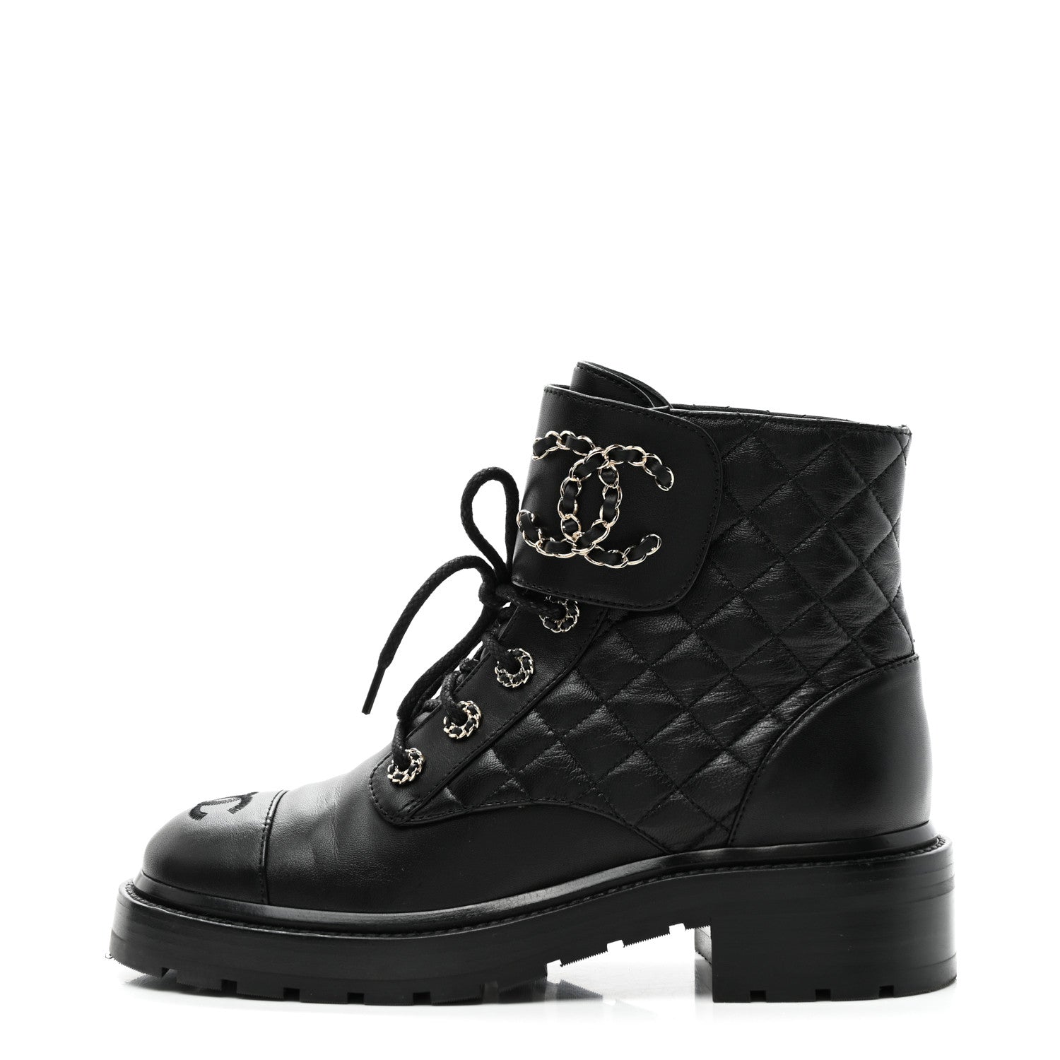 Chanel Shiny Goatskin Calfskin Quilted Lace Up Combat Boots 37.5 Black 1 of 10