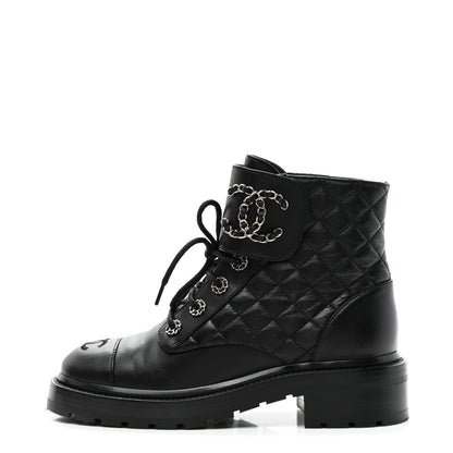 Chanel Shiny Goatskin Calfskin Quilted Lace Up Combat Boots 37.5 Black 1 of 10