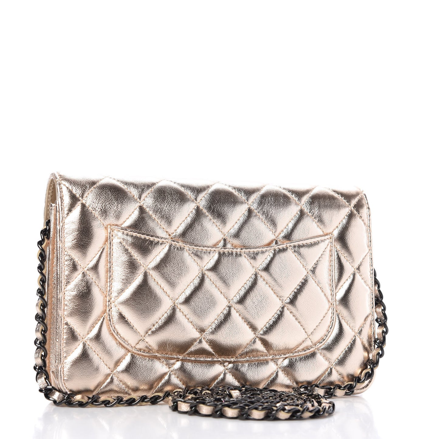 Metallic Lambskin Quilted Wallet On Chain WOC Gold Black
