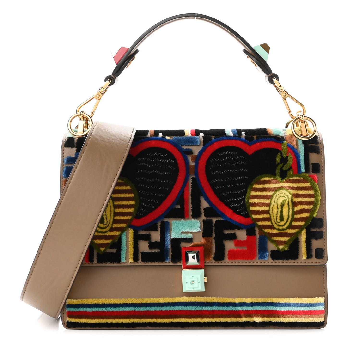 Vitello Liberty Velvet FF 1974 Hearts Padlock Embroidered Kan I Shoulder Bag Fango Multicolor