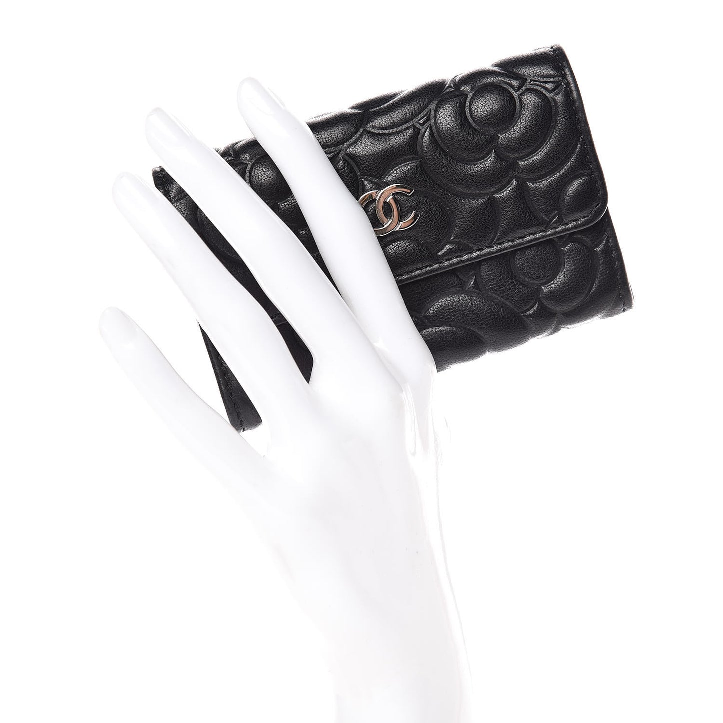 Goatskin Camellia Embossed Flap Card Holder Black