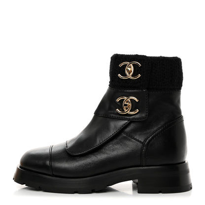 Chanel Calfskin Knit CC Short Boots 36.5 Black 1 of 9