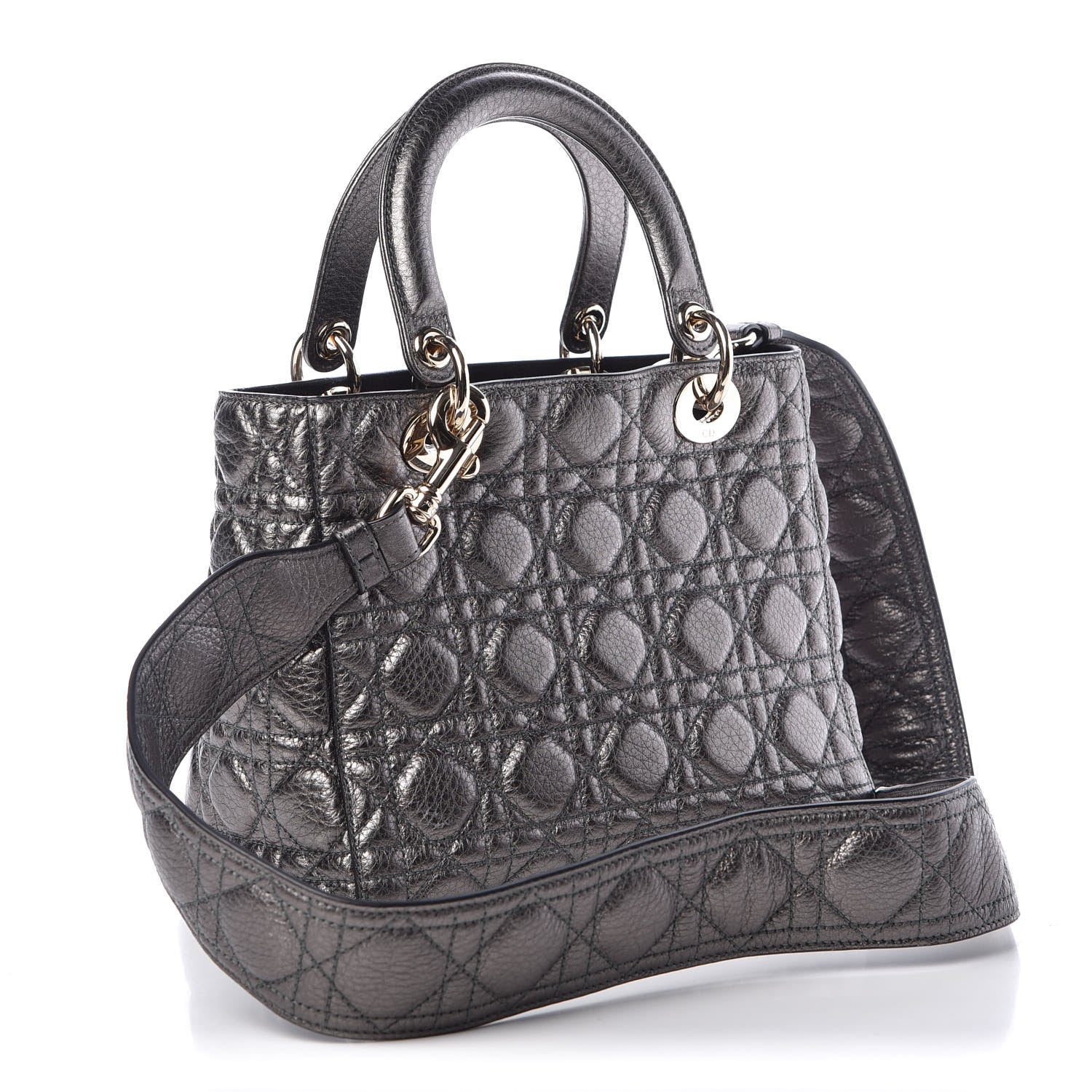 Christian Dior Metallic Calfskin Cannage Medium Supple Lady Dior Gunmetal 3 of 6