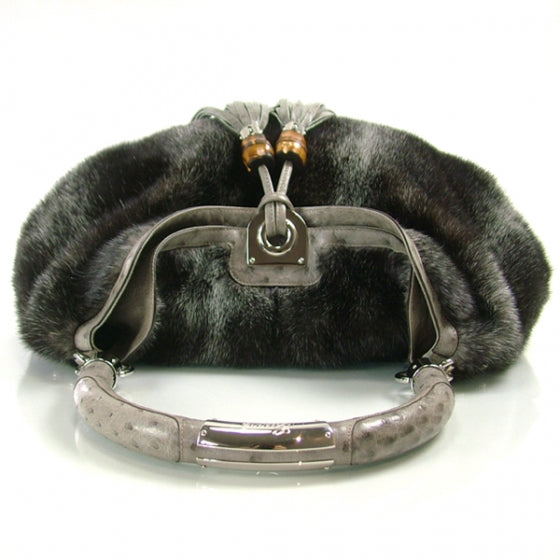 Mink Fur Ostrich Large INDY Hobo Grey