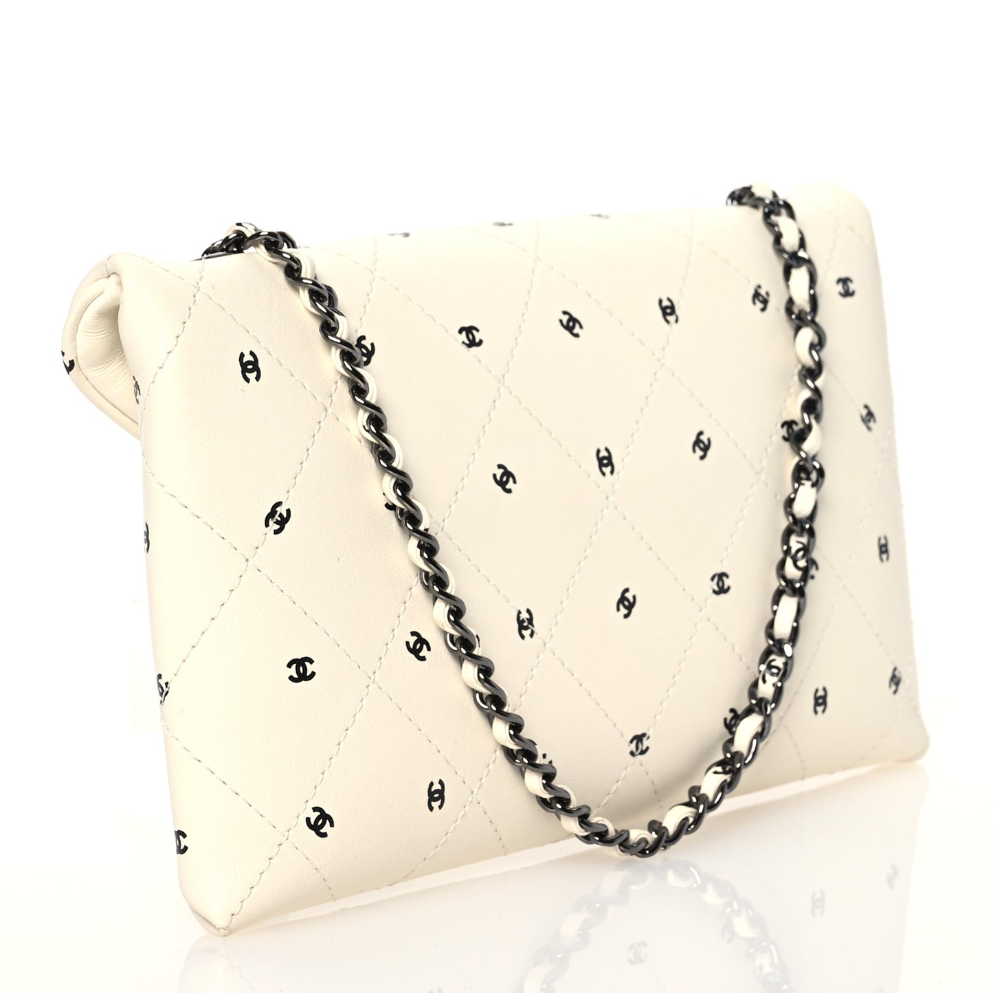 Printed Lambskin Logo CC Envelope Clutch With Chain White