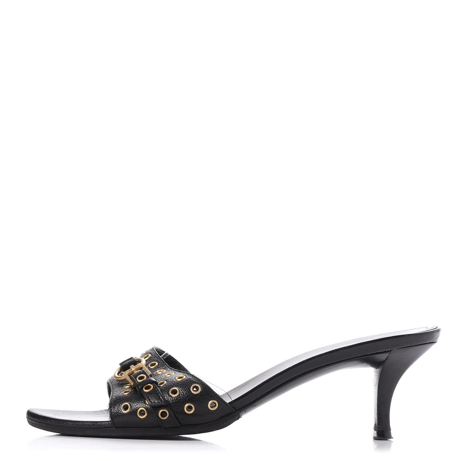 Gucci Calfskin Grommet Buckle Slide Sandal 7.5 Black 1 of 18
