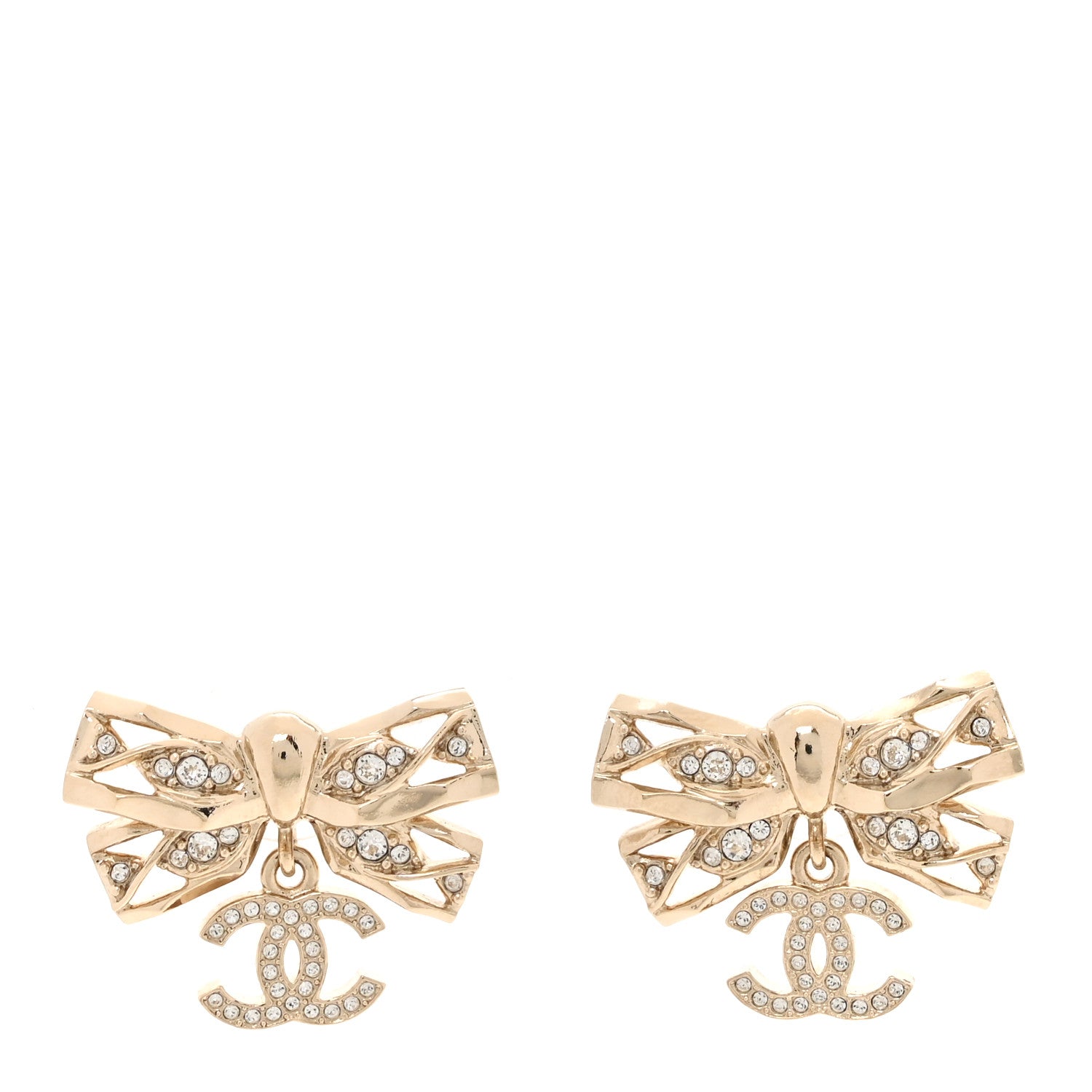 Chanel Crystal CC Bow Drop Earrings Gold 1 of 5