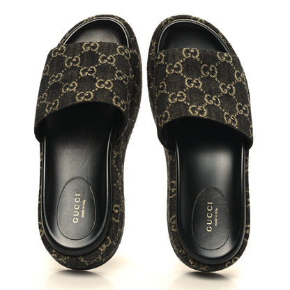 Gucci Jacquard Black Denim GG Monogram Angelina Platform 55mm Slide Sandals 40 Black Ivory 2 of 9
