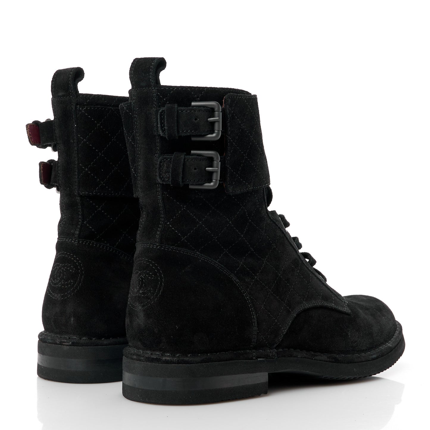 Suede Calfskin Quilted Combat Short Boots 41 Black