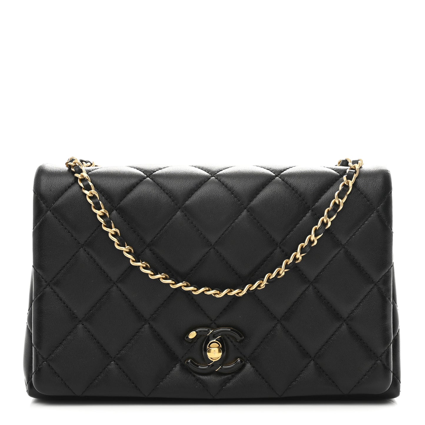Shiny Lambskin Quilted Enamel CC Small Flap Black