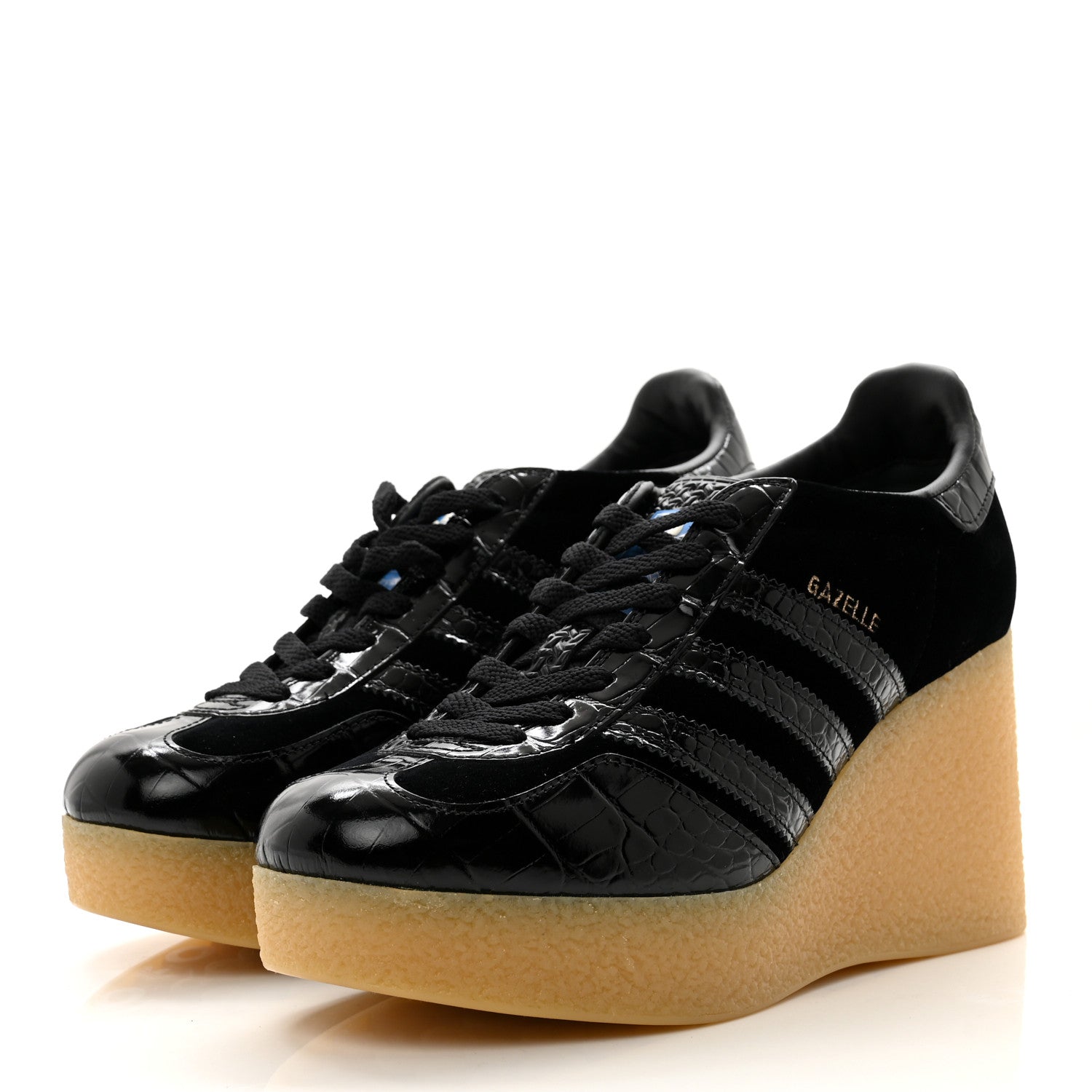 Gucci X ADIDAS Velvet Crocodile Embossed Gazelle Wedge Sneakers 39 Black 3 of 9