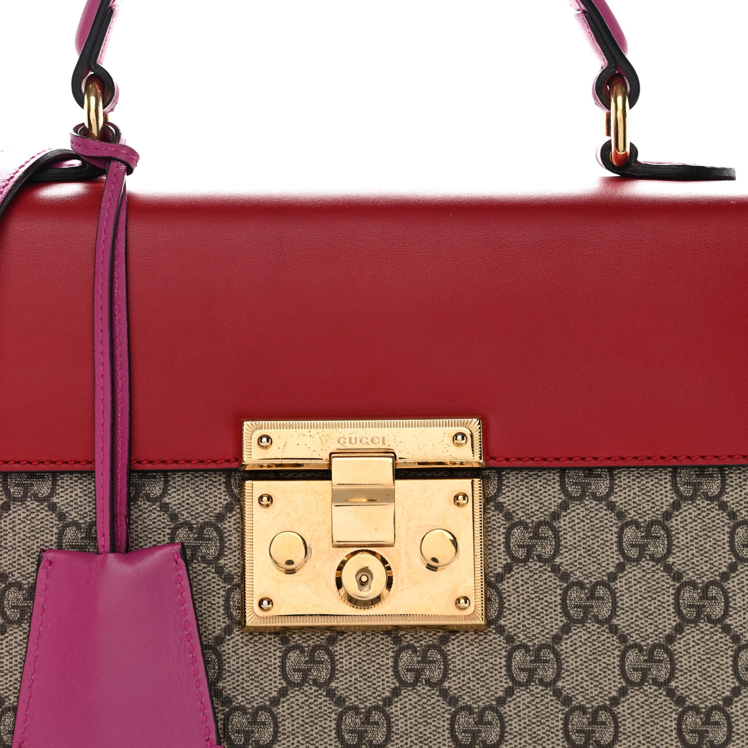Gucci GG Supreme Monogram Calfskin Small Padlock Top Handle Bag Beige Hibiscus Red New Rosette 21 of 37