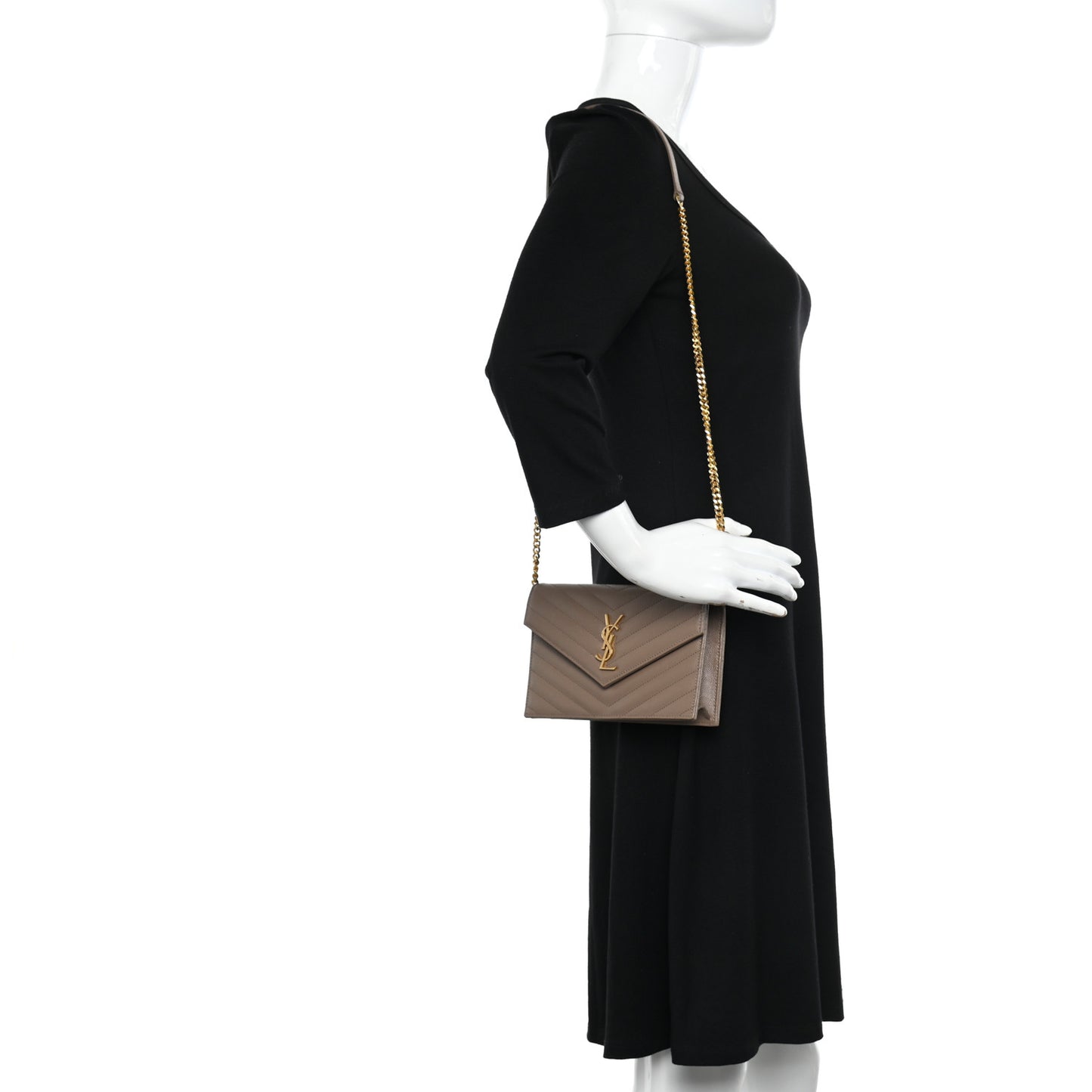 Grain De Poudre Matelasse Chevron Monogram Envelope Chain Wallet Dark Latte