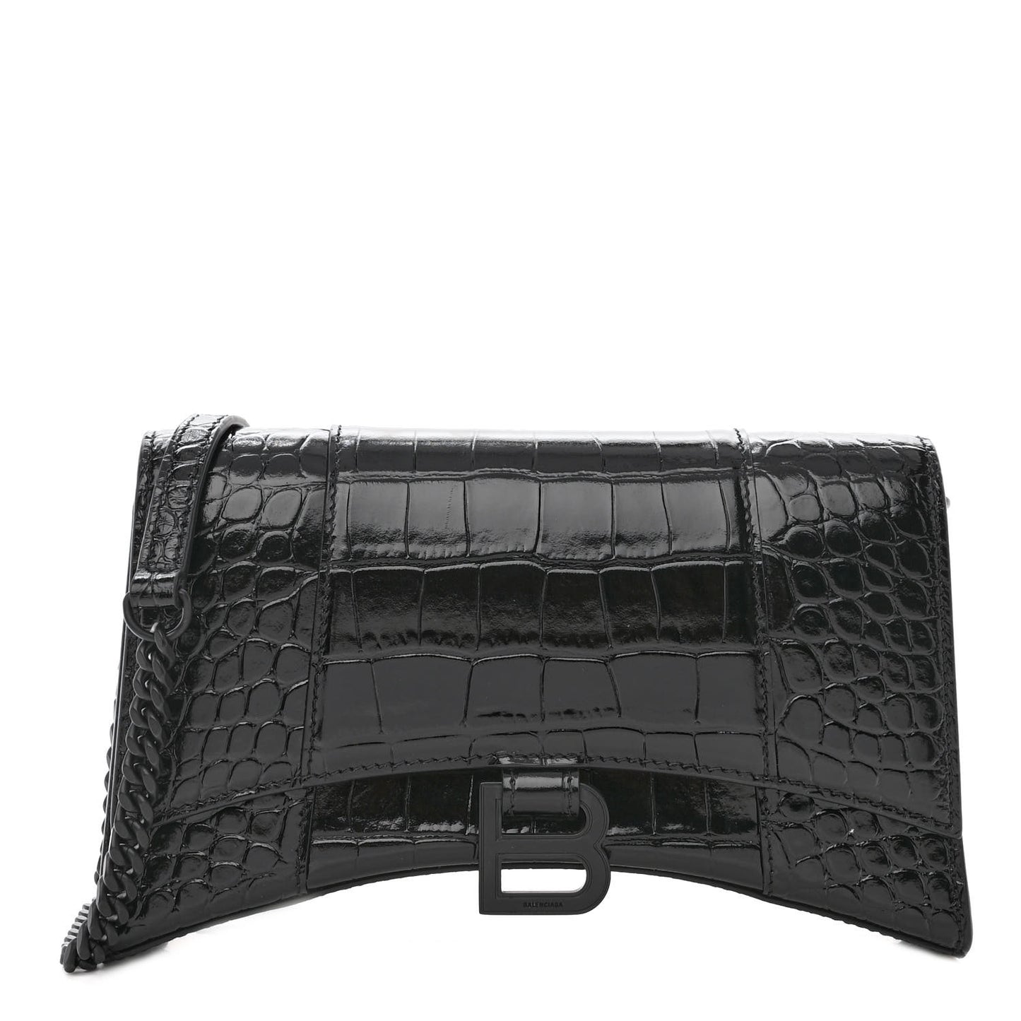 Shiny Calfskin Monochrome Crocodile Embossed Small Hourglass Evening Chain Bag Black