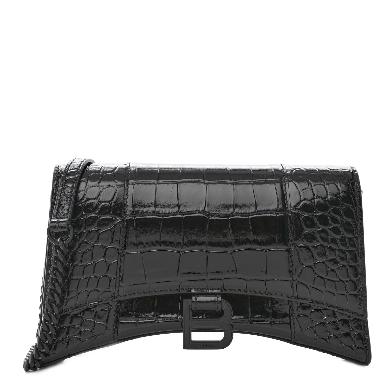 Balenciaga Shiny Calfskin Monochrome Crocodile Embossed Small Hourglass Evening Chain Bag Black 1 of 10