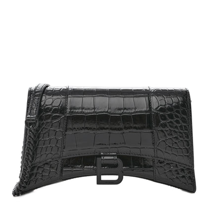 Balenciaga Shiny Calfskin Monochrome Crocodile Embossed Small Hourglass Evening Chain Bag Black 1 of 10