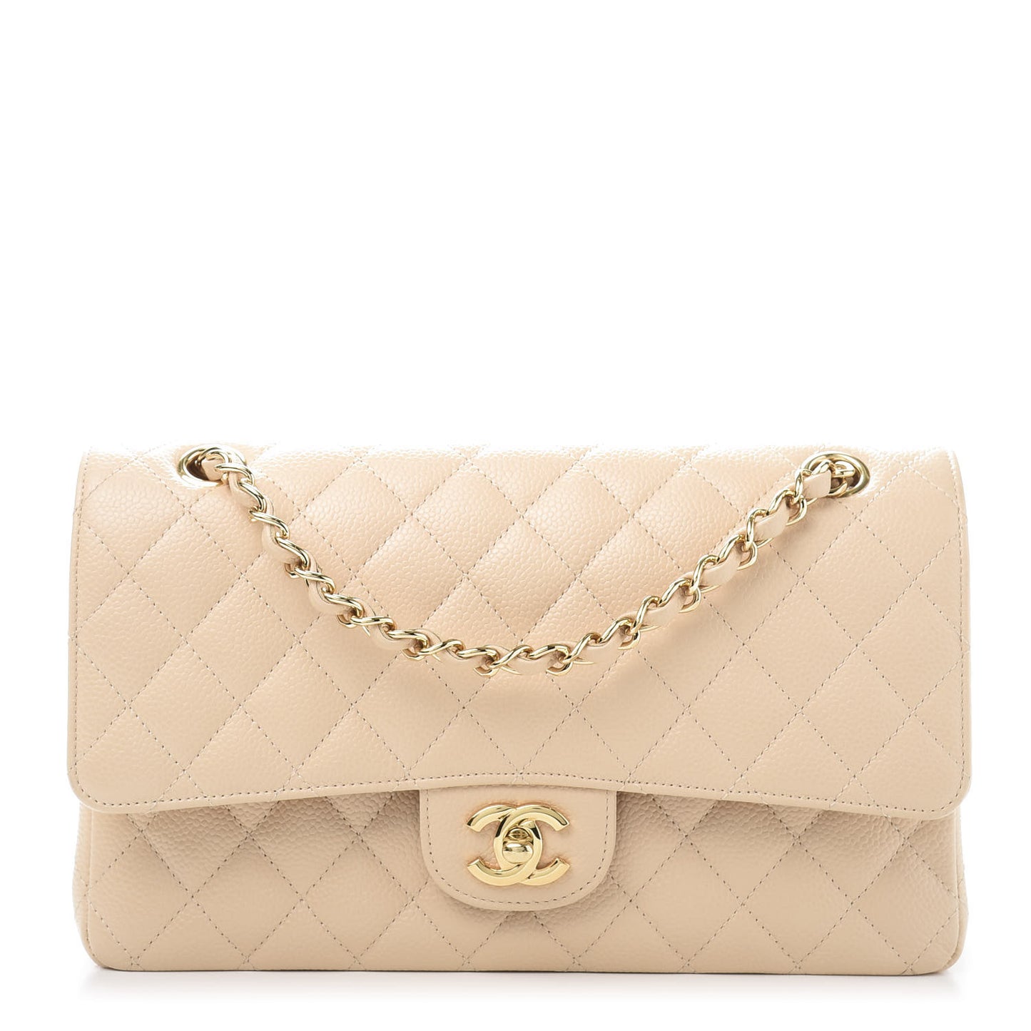 Caviar Quilted Medium Double Flap Beige