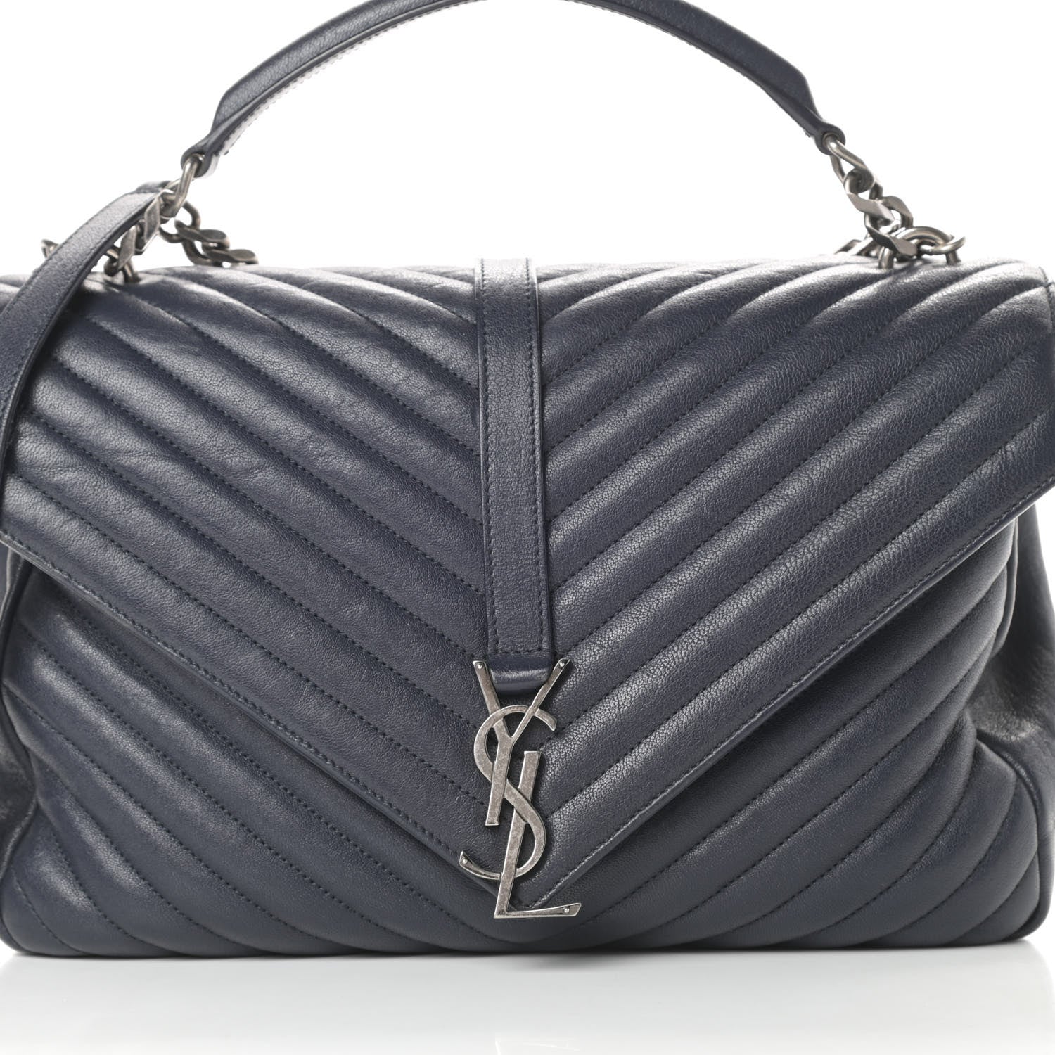 Saint Laurent Sheepskin Matelasse Chevron Monogram Large College Satchel Navy Blue 13 of 19