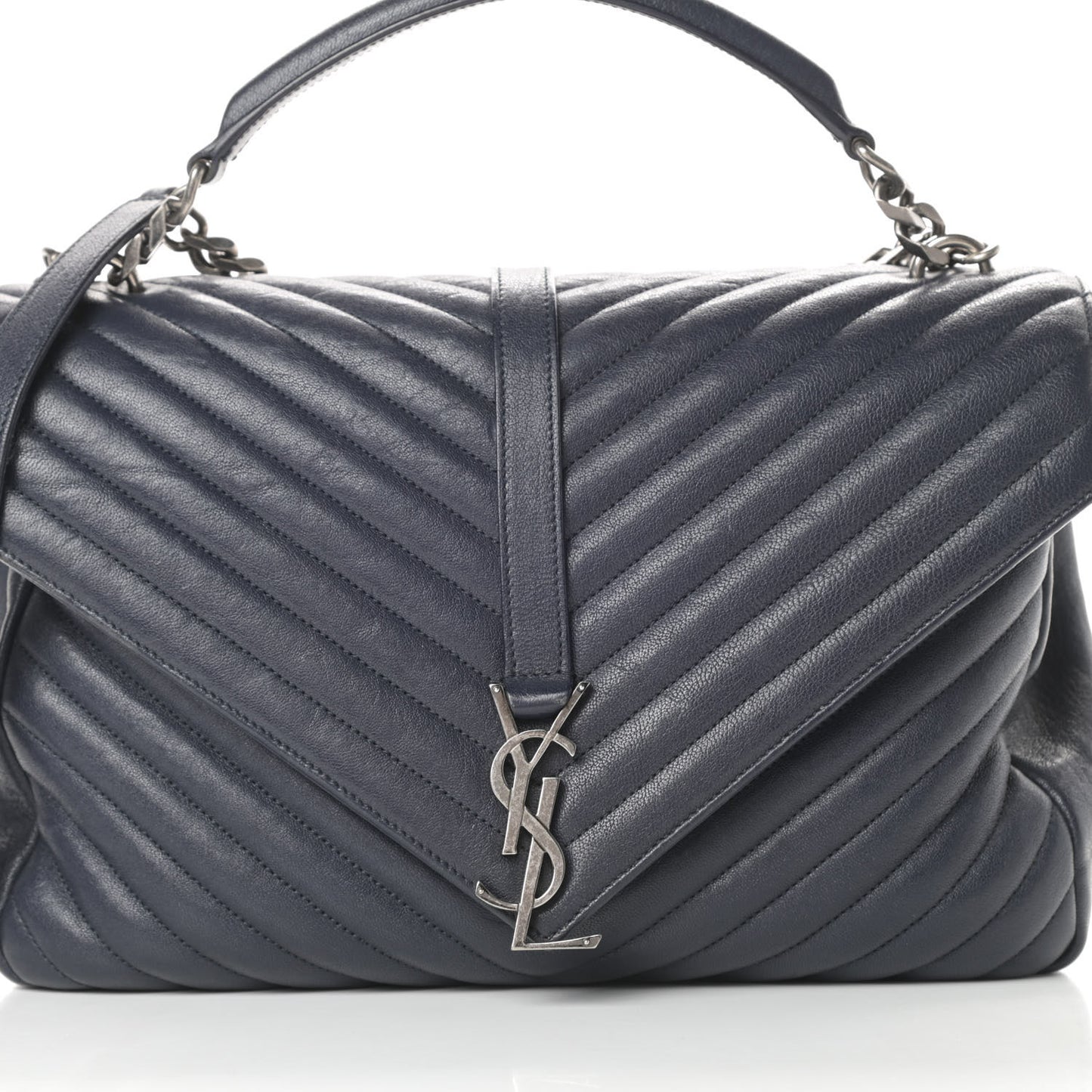 Sheepskin Matelasse Chevron Monogram Large College Satchel Navy Blue