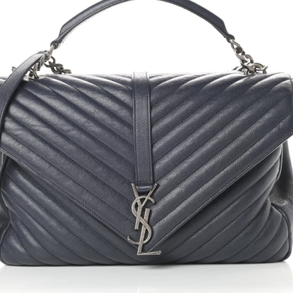 Saint Laurent Sheepskin Matelasse Chevron Monogram Large College Satchel Navy Blue 13 of 19