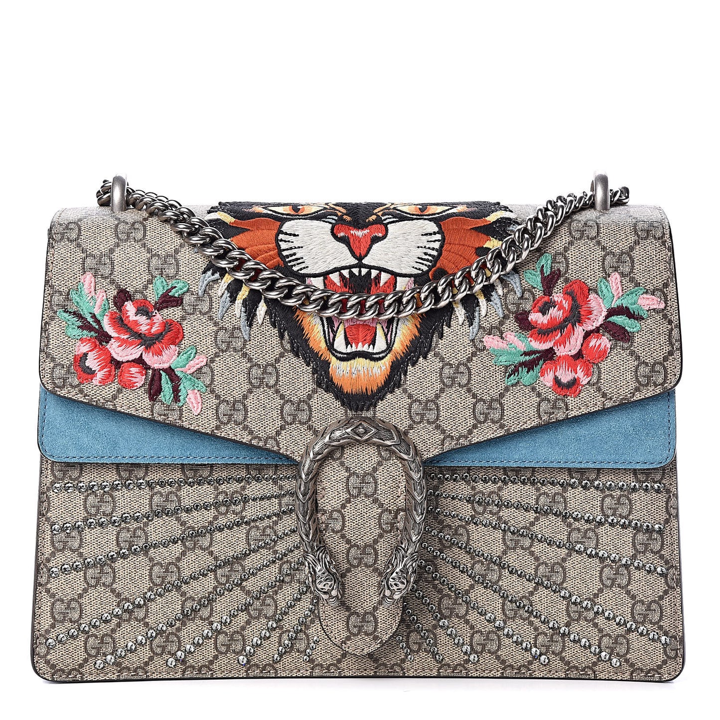 GG Supreme Monogram Angry Cat Embroidered Medium Dionysus Shoulder Bag Beige Ultramarine