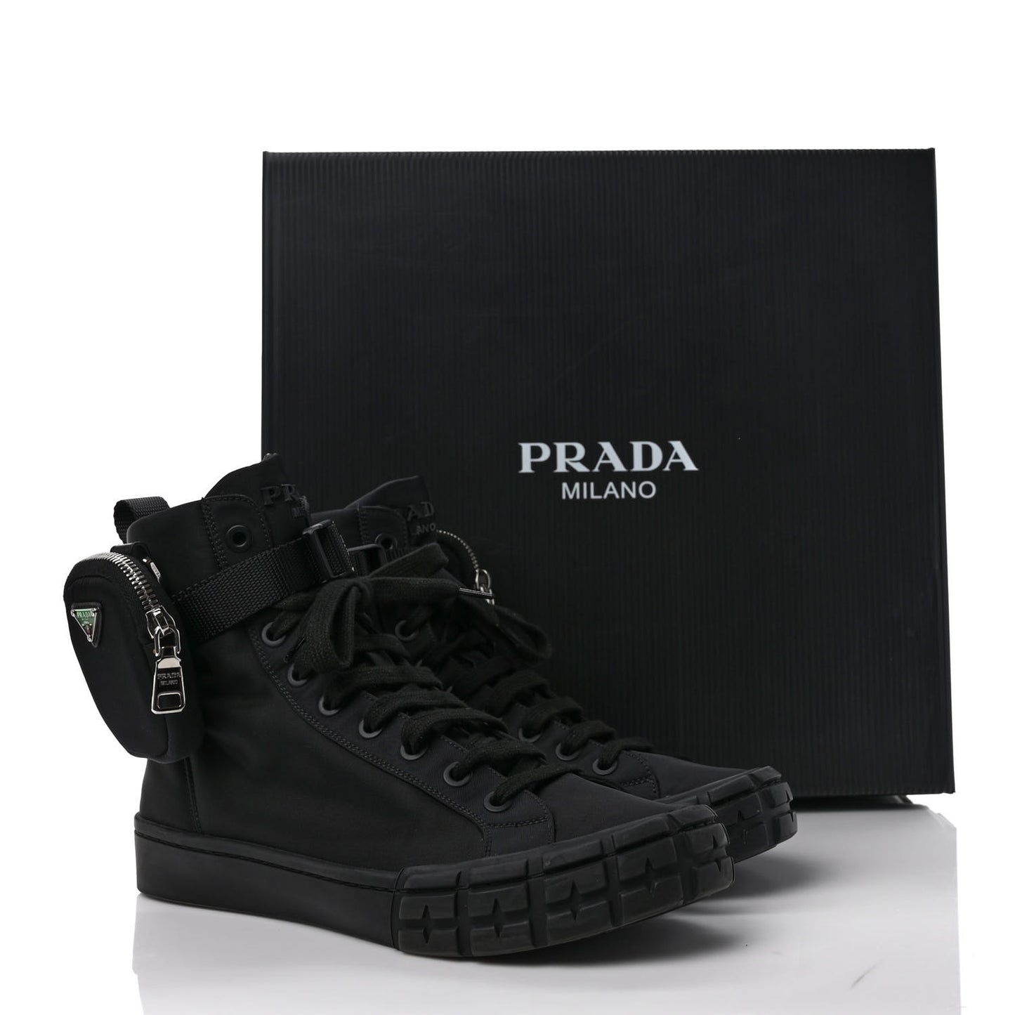 Re-Nylon Gabardine Metal Triangle Logo Mens Wheel Pouch Pocket High Top Sneakers 7.5 Black