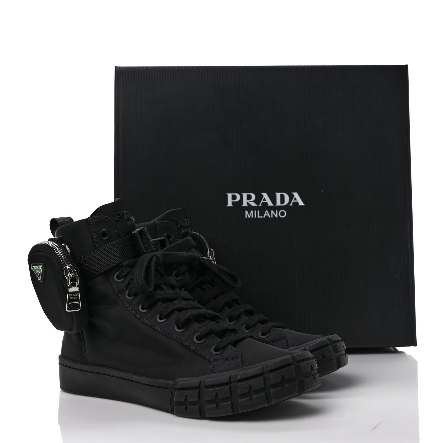 Prada Re-Nylon Gabardine Metal Triangle Logo Mens Wheel Pouch Pocket High Top Sneakers 7.5 Black 9 of 9