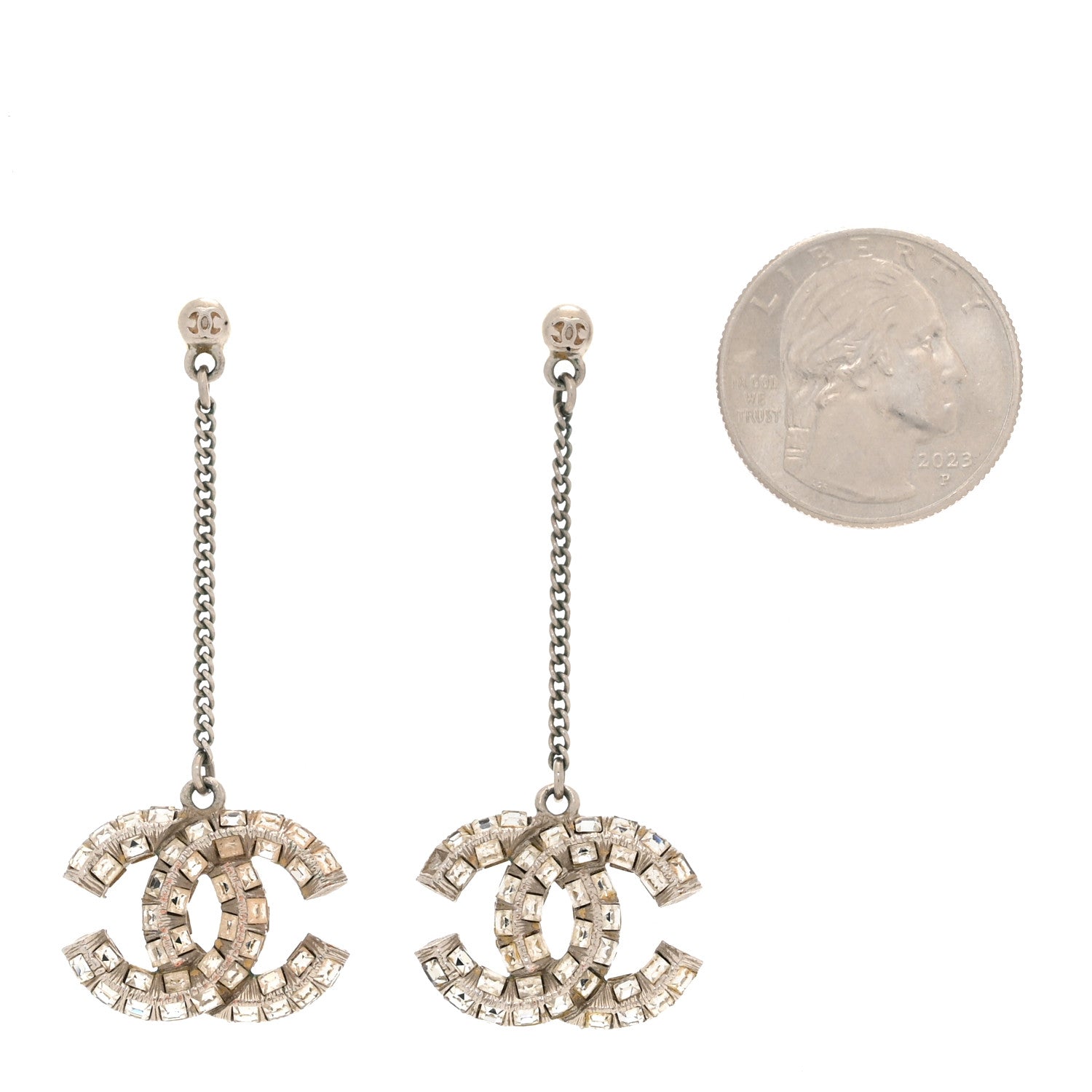 Chanel Baguette Crystal CC Drop Earrings Silver 2 of 5