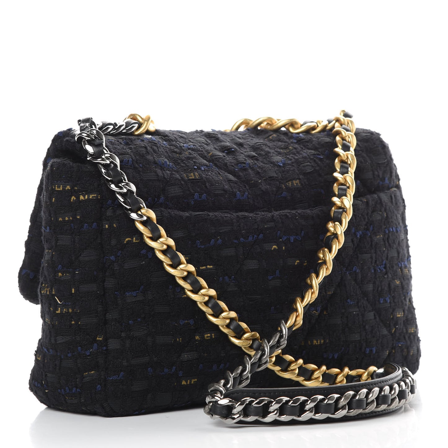 Tweed Quilted Large 19 Flap Black Navy Gold