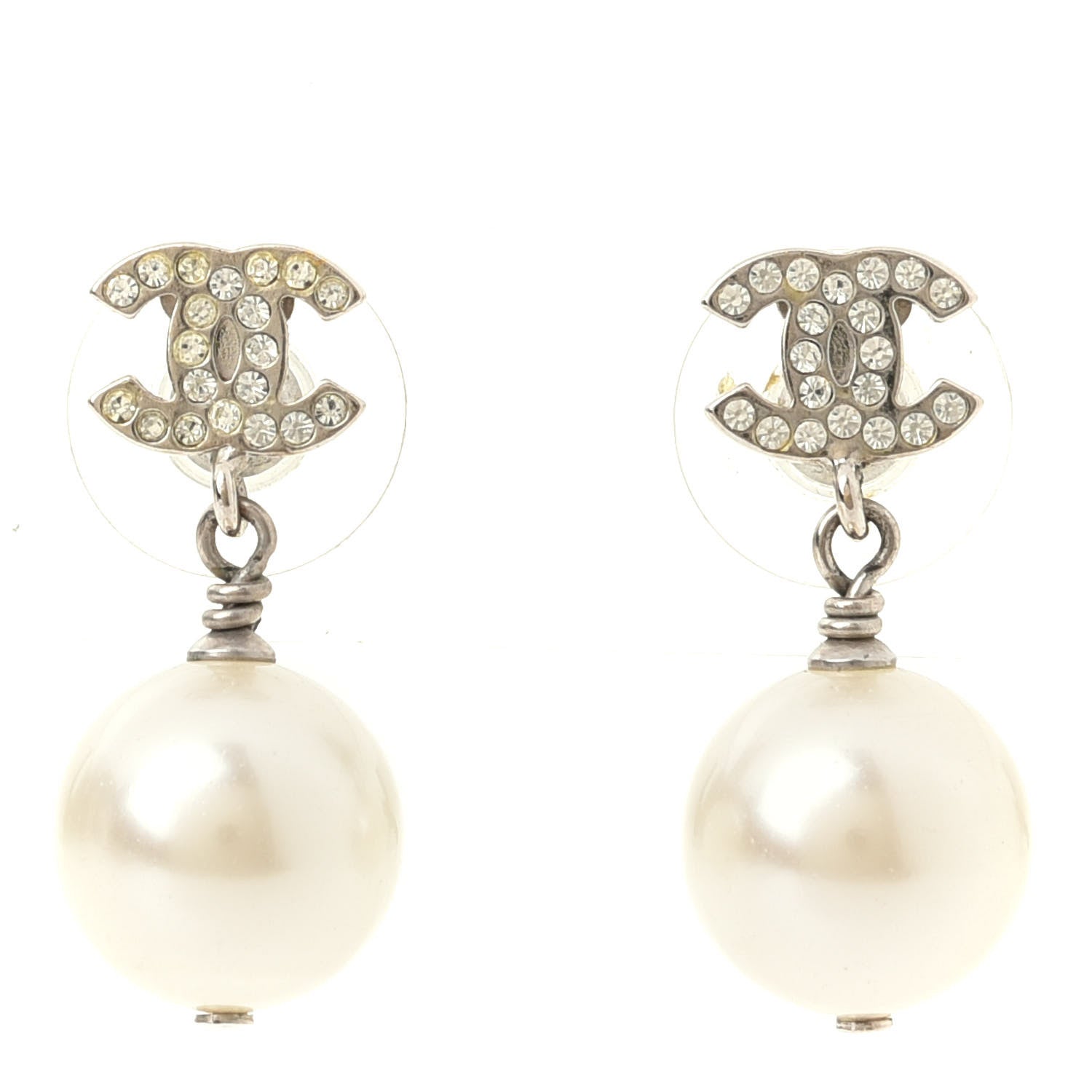 Chanel Crystal Pearl CC Drop Earrings Silver 1 of 3