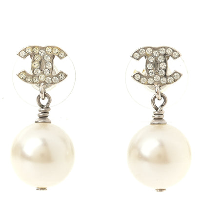 Chanel Crystal Pearl CC Drop Earrings Silver 1 of 3
