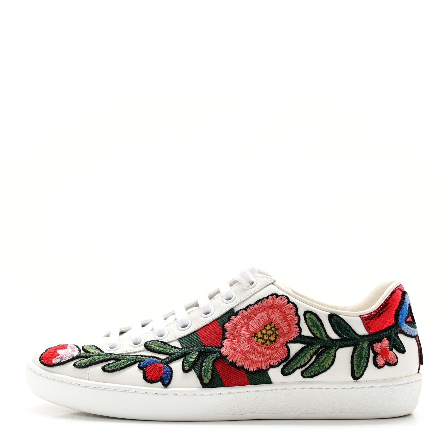 Gucci Calfskin Web Floral Embroidered Womens Ace Sneakers 36 White 1 of 12