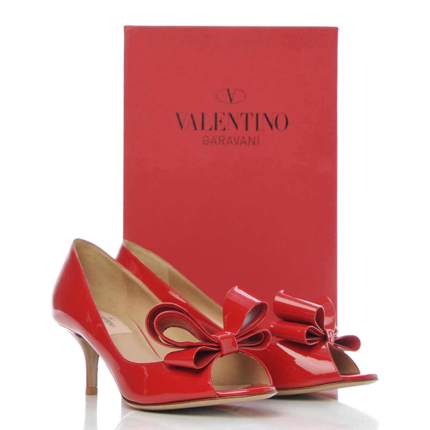Patent Couture Bow Peep Toe Low Heel Pumps 37.5 Rosso Valentino