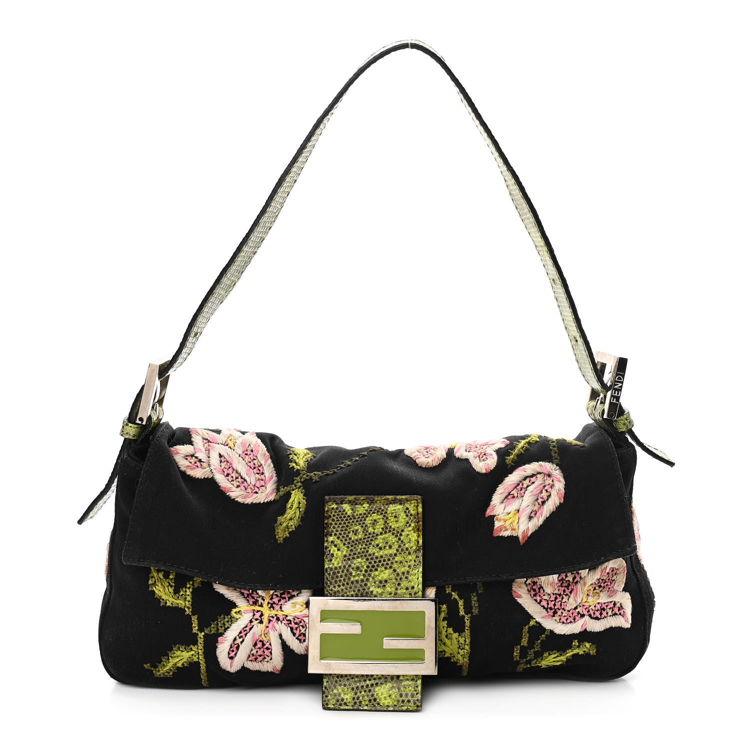 Fendi Canvas Lizard Embroidered Flower Baguette Black Multicolor 1 of 12