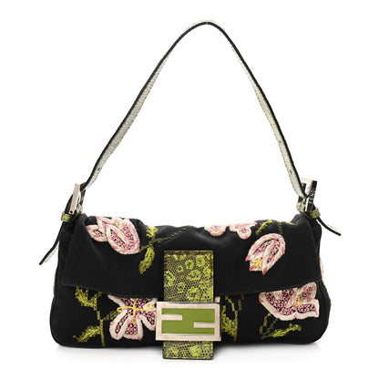 Fendi Canvas Lizard Embroidered Flower Baguette Black Multicolor 1 of 12