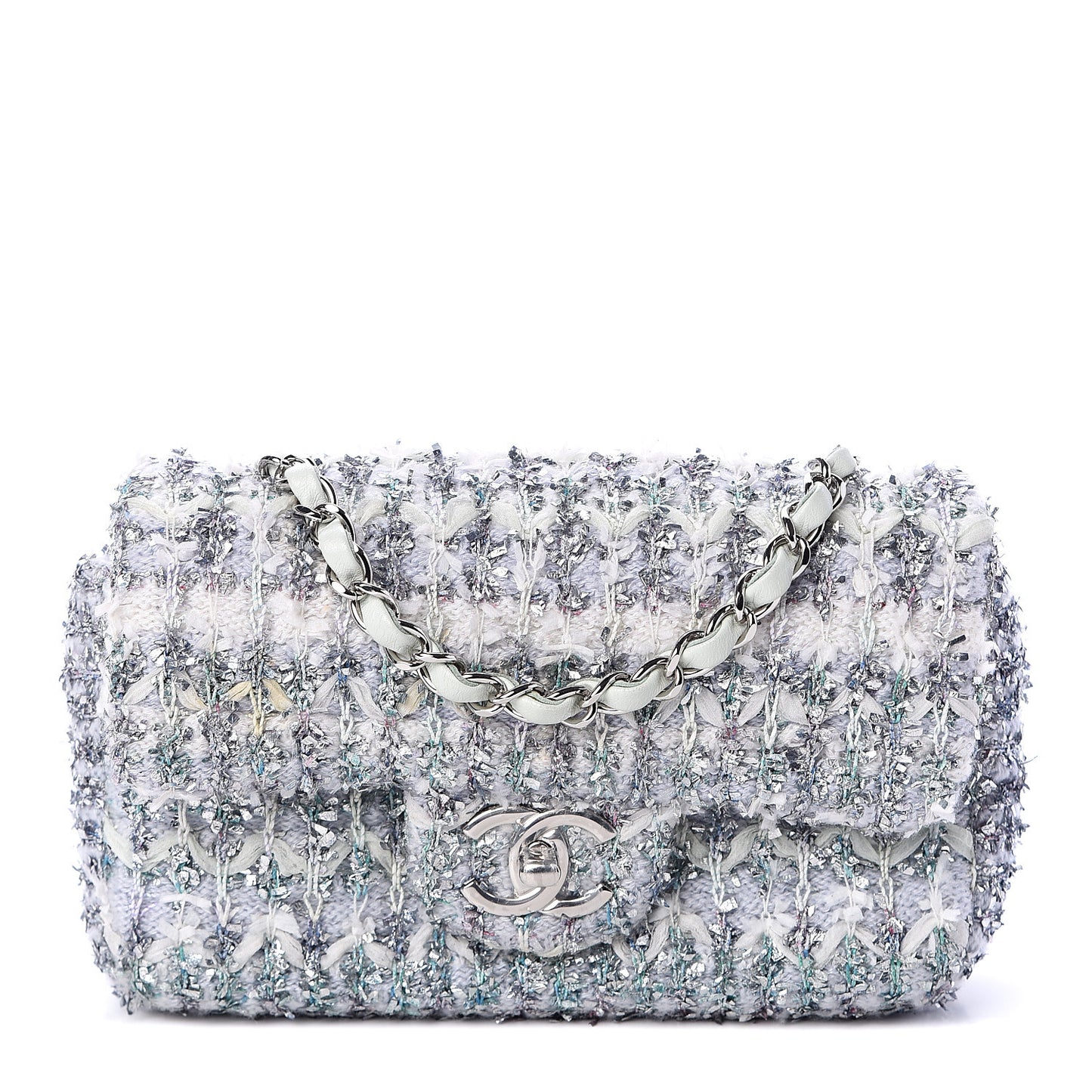 Tweed Quilted Mini Rectangular Flap Light Green Silver White
