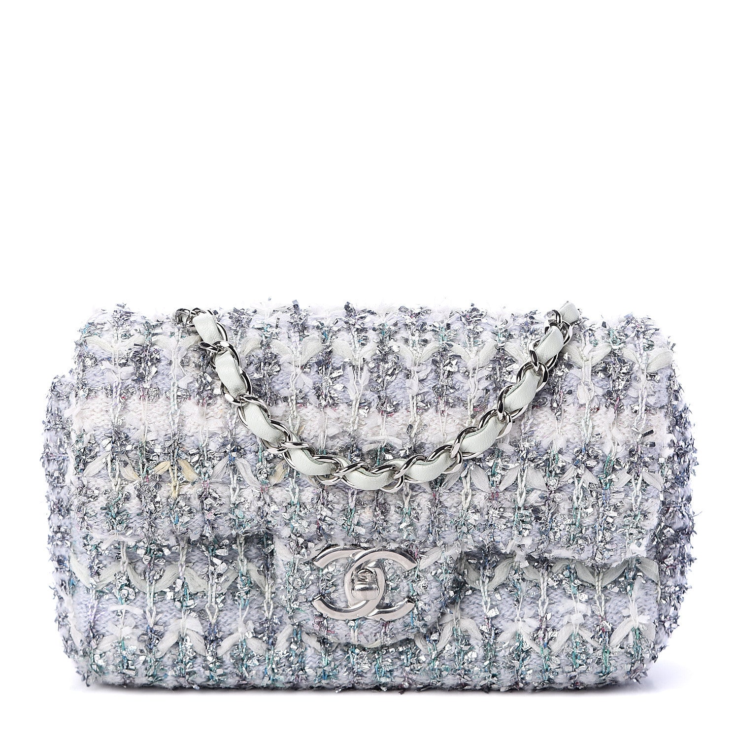 Chanel Tweed Quilted Mini Rectangular Flap Light Green Silver White 1 of 10