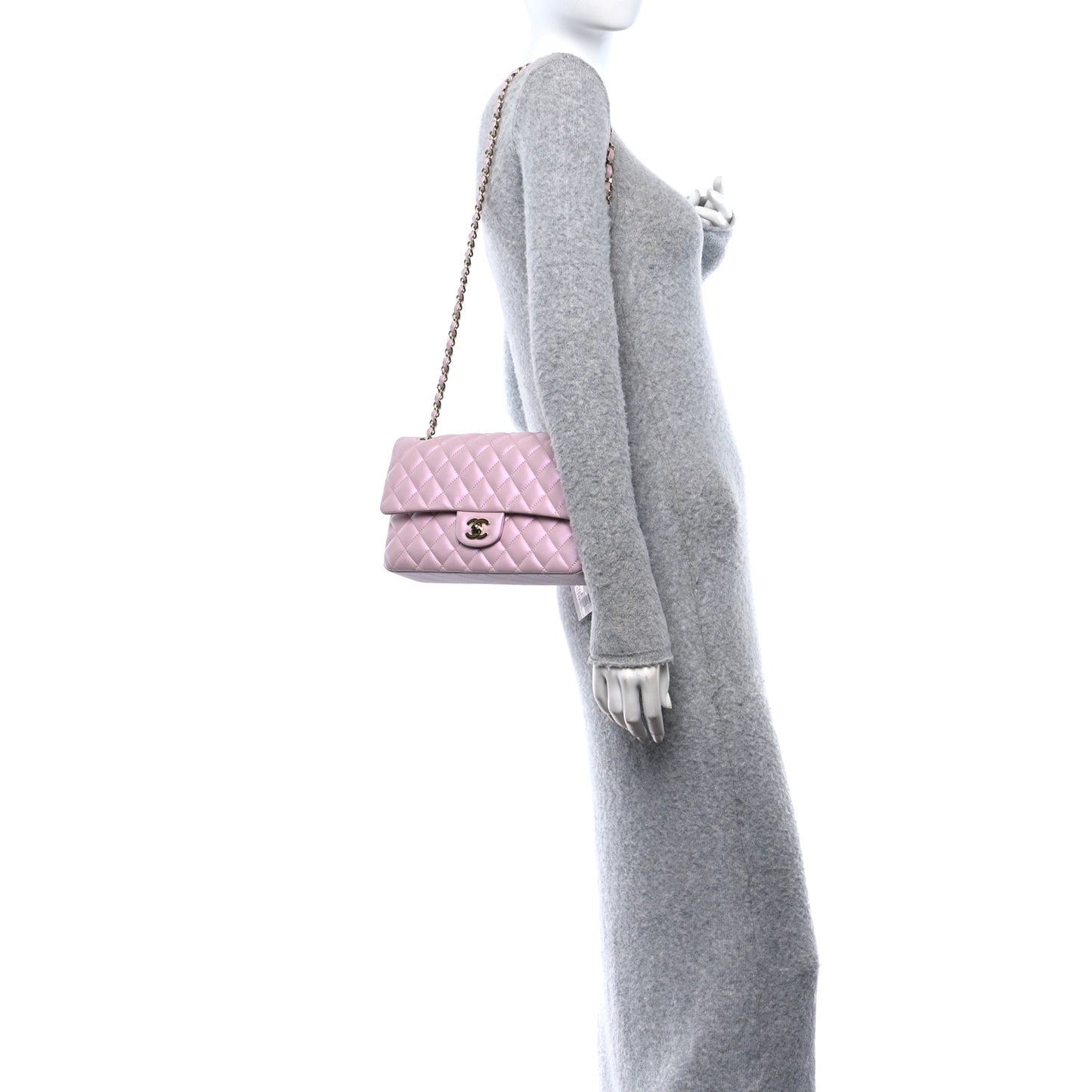 Iridescent Calfskin Quilted Medium Double Flap Light Pink
