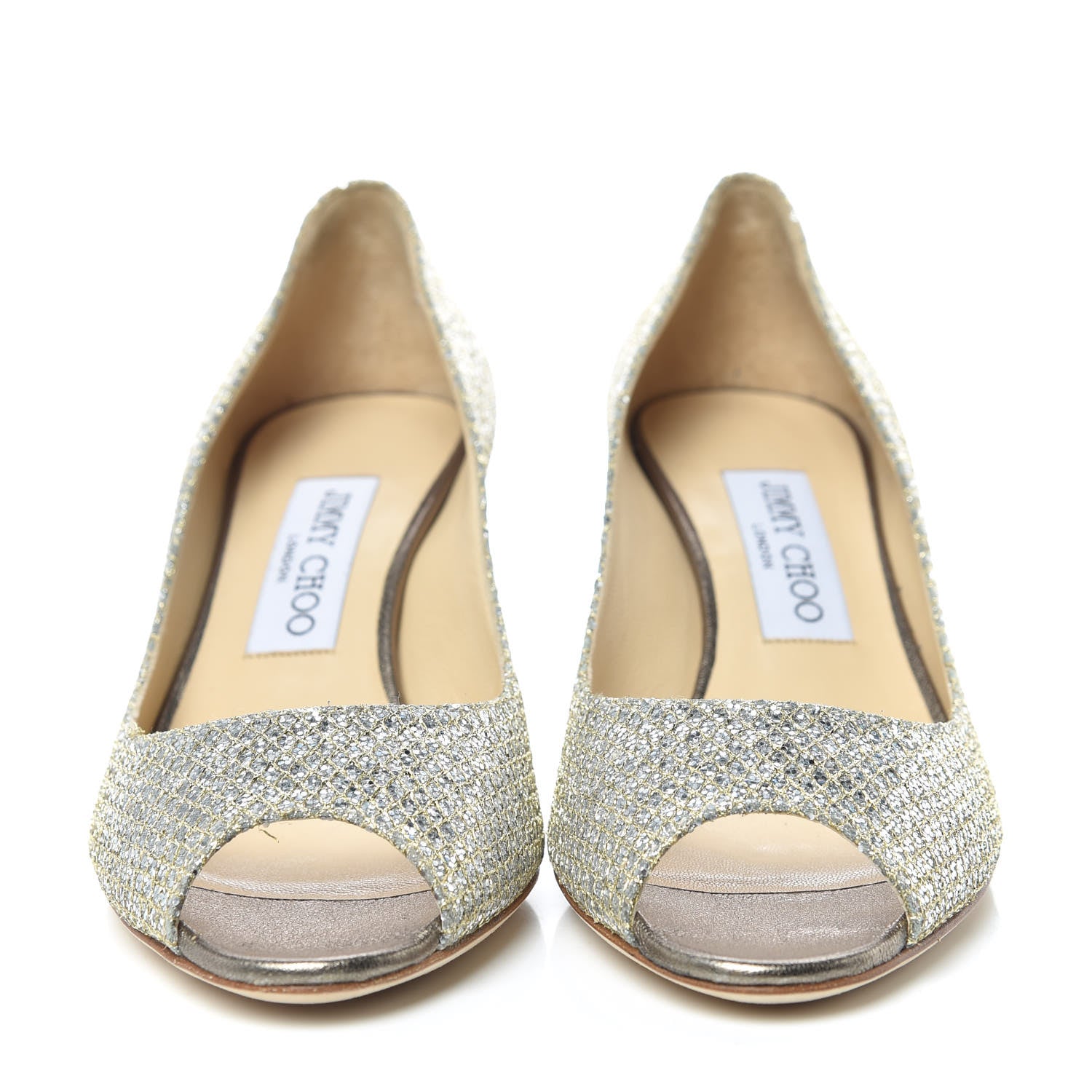 Jimmy Choo Glitter Fabric Evelyn Peep Toe Pumps 36 Champagne 2 of 9